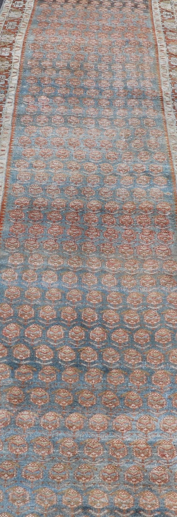 Long Persian Malayer Runner with Paisley and Botanical Motifs in Blue and Green This magnificent antique long Persian Malayer runner, of an impressive size, bears a beautiful, all - over sub - geometric design paired with a delightful palette of var... - Keivan Woven ArtsSUS - 111 - 8407Rug