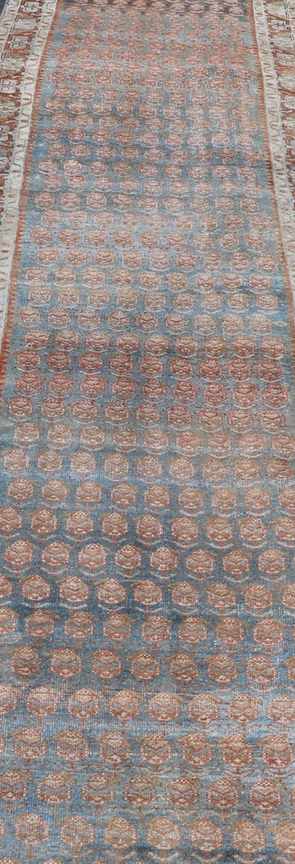 Long Persian Malayer Runner with Paisley and Botanical Motifs in Blue and Green This magnificent antique long Persian Malayer runner, of an impressive size, bears a beautiful, all - over sub - geometric design paired with a delightful palette of var... - Keivan Woven ArtsSUS - 111 - 8407Rug
