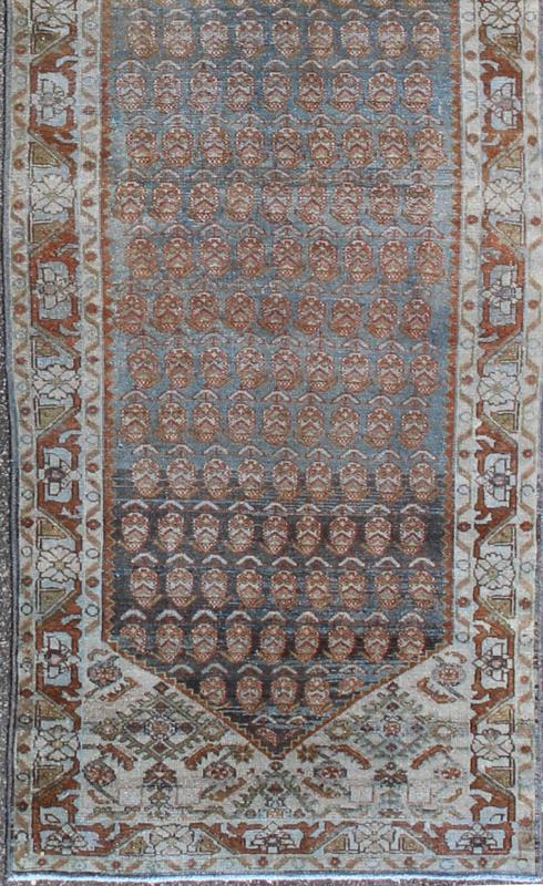 Long Persian Malayer Runner with Paisley and Botanical Motifs in Blue and Green This magnificent antique long Persian Malayer runner, of an impressive size, bears a beautiful, all - over sub - geometric design paired with a delightful palette of var... - Keivan Woven ArtsSUS - 111 - 8407Rug