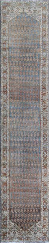 Long Persian Malayer Runner with Paisley and Botanical Motifs in Blue and Green This magnificent antique long Persian Malayer runner, of an impressive size, bears a beautiful, all - over sub - geometric design paired with a delightful palette of var... - Keivan Woven ArtsSUS - 111 - 8407Rug