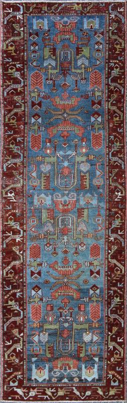Persian Malayer Runner with Sub - Geometric Tribal Design in Blue, Red and Green This magnificent antique Persian Malayer runner, of an impressive size, bears a beautiful, all - over sub geometric design paired with a delightful palette of various s... - Keivan Woven ArtsSUS - 146 - 8349Rug