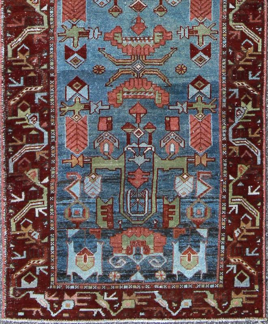 Persian Malayer Runner with Sub - Geometric Tribal Design in Blue, Red and Green This magnificent antique Persian Malayer runner, of an impressive size, bears a beautiful, all - over sub geometric design paired with a delightful palette of various s... - Keivan Woven ArtsSUS - 146 - 8349Rug