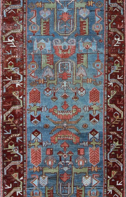 Persian Malayer Runner with Sub - Geometric Tribal Design in Blue, Red and Green This magnificent antique Persian Malayer runner, of an impressive size, bears a beautiful, all - over sub geometric design paired with a delightful palette of various s... - Keivan Woven ArtsSUS - 146 - 8349Rug