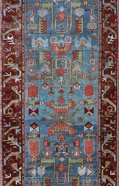 Persian Malayer Runner with Sub - Geometric Tribal Design in Blue, Red and Green This magnificent antique Persian Malayer runner, of an impressive size, bears a beautiful, all - over sub geometric design paired with a delightful palette of various s... - Keivan Woven ArtsSUS - 146 - 8349Rug