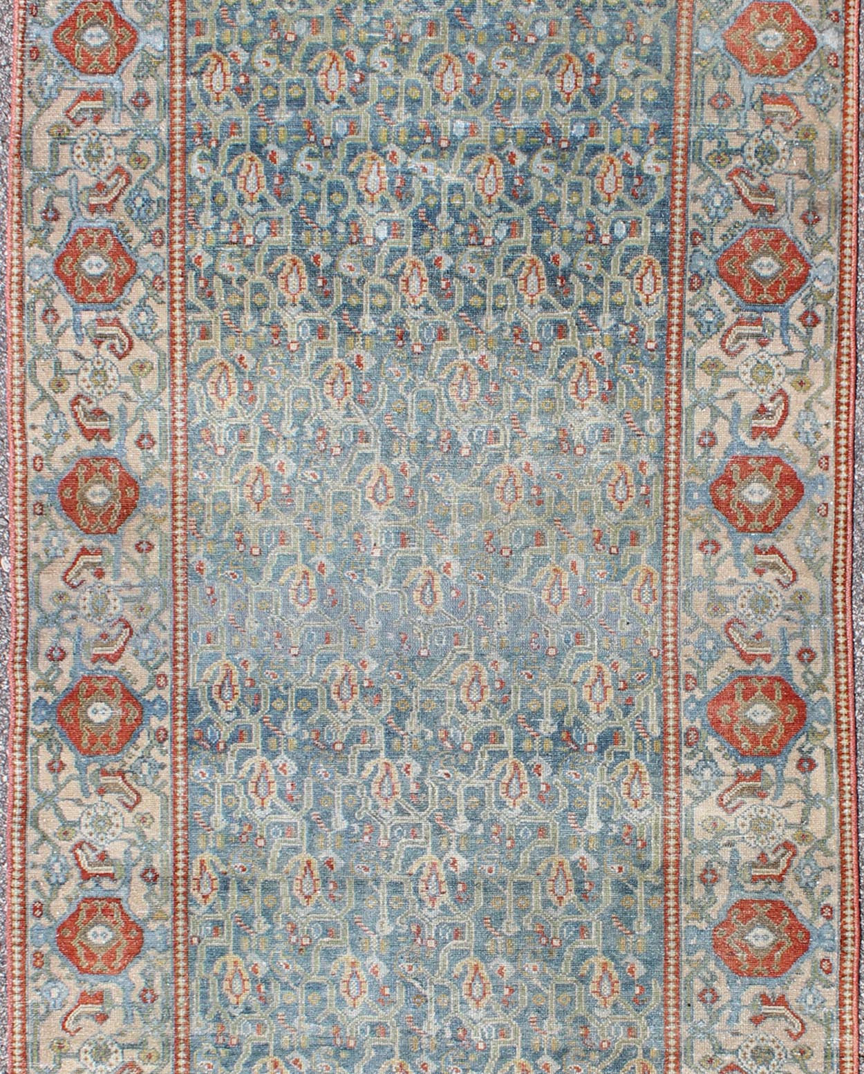 Wide Persian Malayer Runner with All - Over Floral Pattern in Persian Blue Color kwarugs This Persian Malayer runner from early 20th century Iran features an all - over floral pattern set on a blue background, which is surrounded by a wide flora... - Keivan Woven ArtsSUS - 151 - 8353Rug