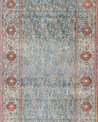Wide Persian Malayer Runner with All - Over Floral Pattern in Persian Blue Color kwarugs This Persian Malayer runner from early 20th century Iran features an all - over floral pattern set on a blue background, which is surrounded by a wide flora... - Keivan Woven ArtsSUS - 151 - 8353Rug