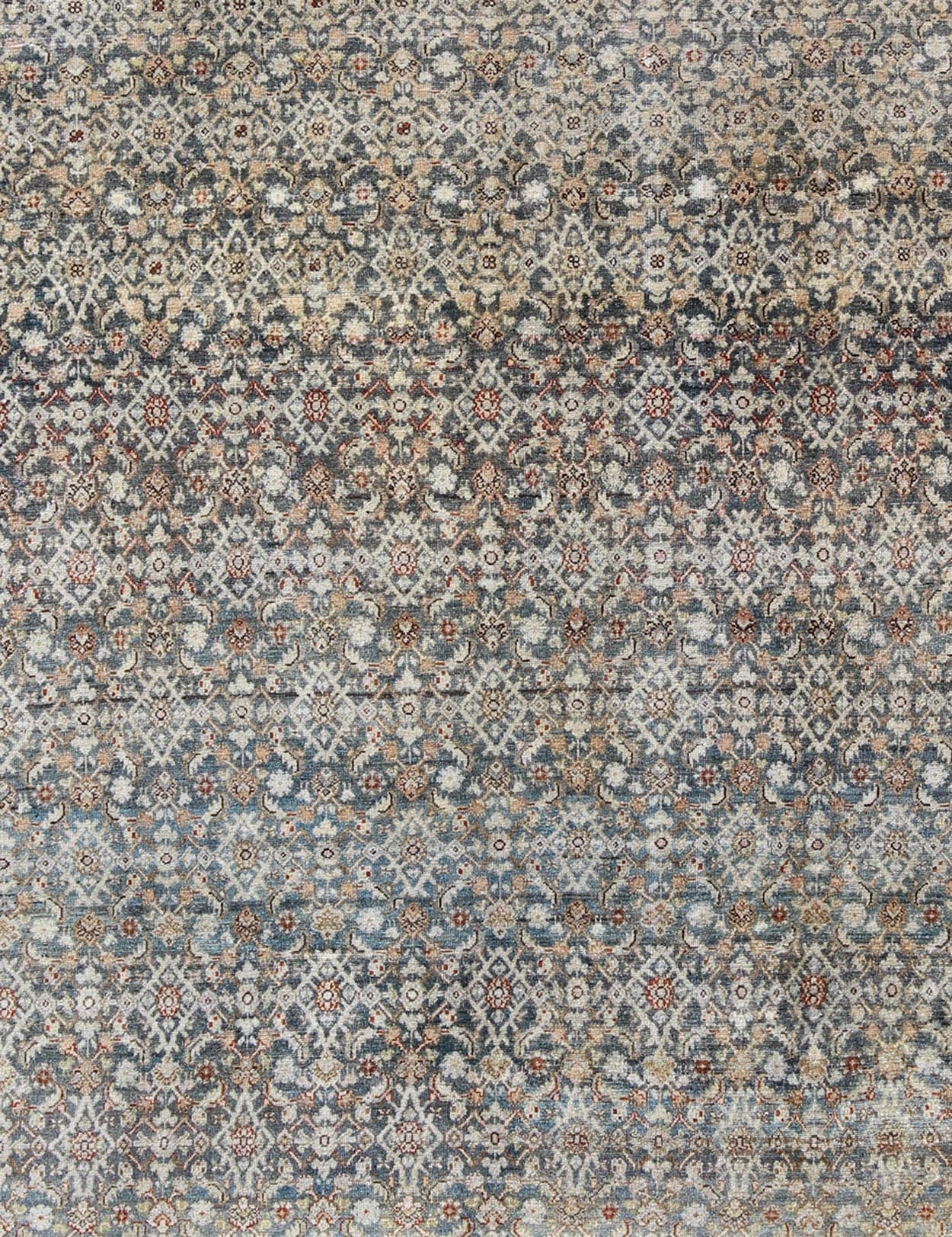 Antique Persian Distressed Malayer Rug with all over Herati Design in Gray, Blue, Ivory, Cream and Red Antique Persian Malayer Rug with all over Herati design in steel Blue, Gray, Teal, light blue, red & Ivory. SUS - 163, Antique distressed rug P... - Keivan Woven ArtsSUS - 163 - 8357Rug