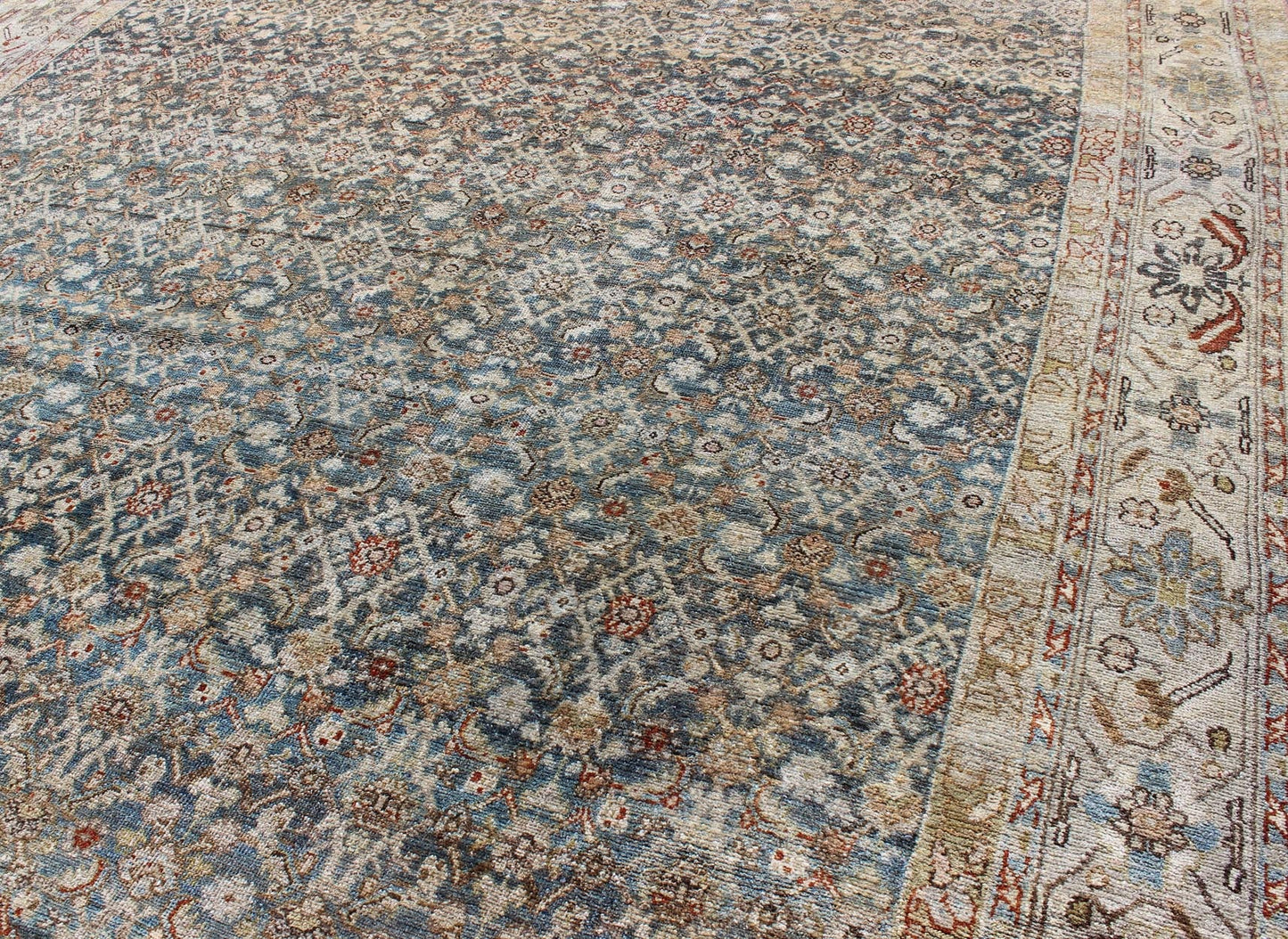 Antique Persian Distressed Malayer Rug with all over Herati Design in Gray, Blue, Ivory, Cream and Red Antique Persian Malayer Rug with all over Herati design in steel Blue, Gray, Teal, light blue, red & Ivory. SUS - 163, Antique distressed rug P... - Keivan Woven ArtsSUS - 163 - 8357Rug