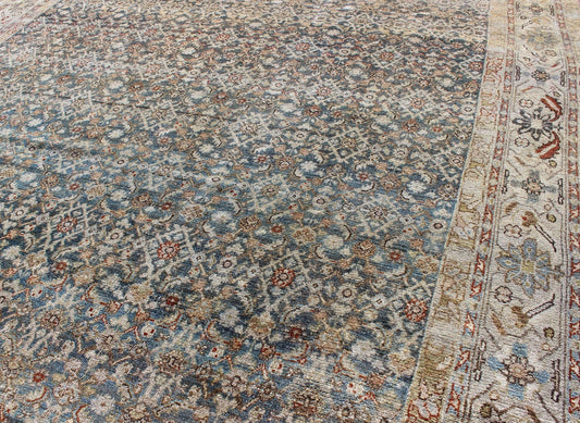 Antique Persian Distressed Malayer Rug with all over Herati Design in Gray, Blue, Ivory, Cream and Red Antique Persian Malayer Rug with all over Herati design in steel Blue, Gray, Teal, light blue, red & Ivory. SUS - 163, Antique distressed rug P... - Keivan Woven ArtsSUS - 163 - 8357Rug