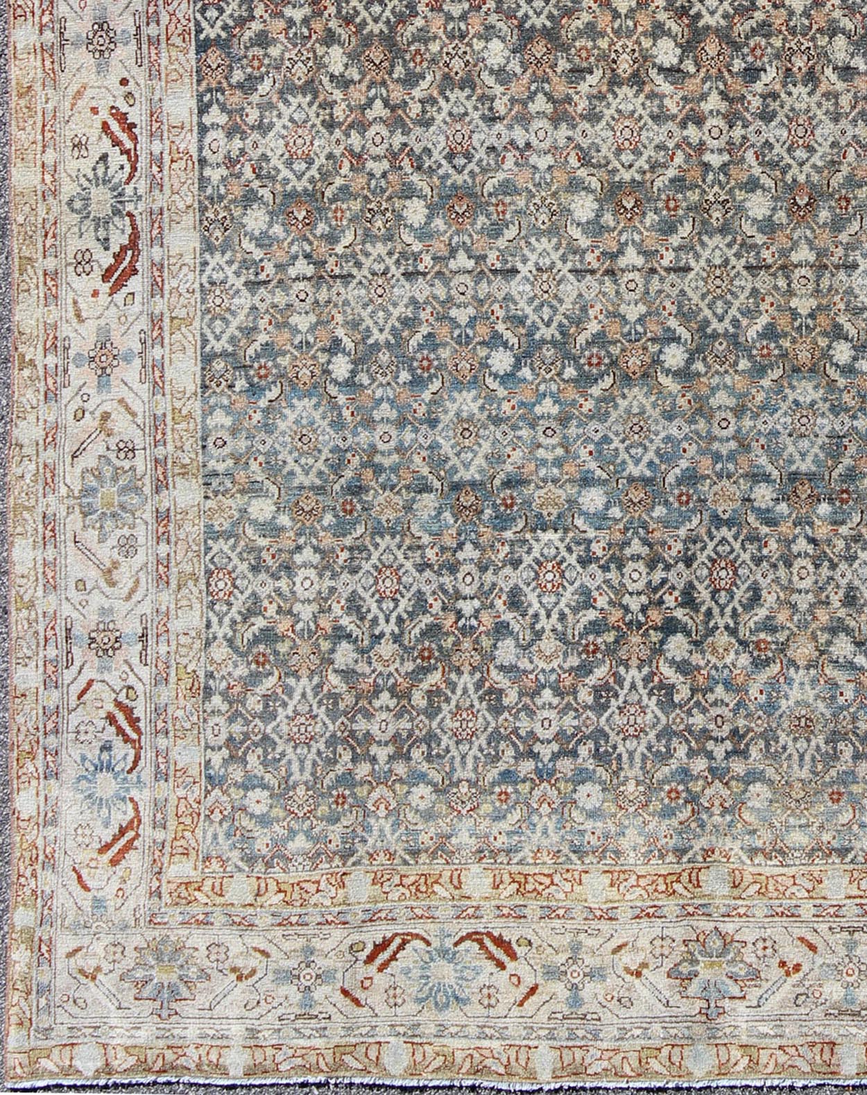 Antique Persian Distressed Malayer Rug with all over Herati Design in Gray, Blue, Ivory, Cream and Red Antique Persian Malayer Rug with all over Herati design in steel Blue, Gray, Teal, light blue, red & Ivory. SUS - 163, Antique distressed rug P... - Keivan Woven ArtsSUS - 163 - 8357Rug