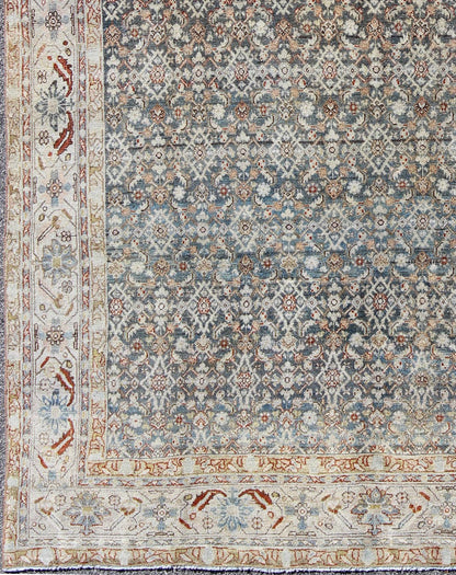 Antique Persian Distressed Malayer Rug with all over Herati Design in Gray, Blue, Ivory, Cream and Red Antique Persian Malayer Rug with all over Herati design in steel Blue, Gray, Teal, light blue, red & Ivory. SUS - 163, Antique distressed rug P... - Keivan Woven ArtsSUS - 163 - 8357Rug