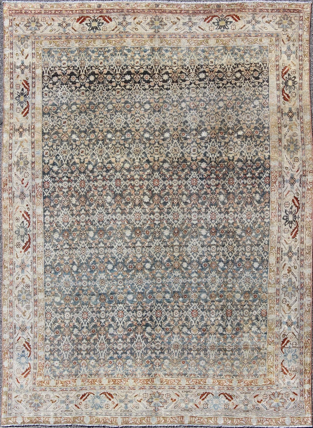Antique Persian Distressed Malayer Rug with all over Herati Design in Gray, Blue, Ivory, Cream and Red Antique Persian Malayer Rug with all over Herati design in steel Blue, Gray, Teal, light blue, red & Ivory. SUS - 163, Antique distressed rug P... - Keivan Woven ArtsSUS - 163 - 8357Rug