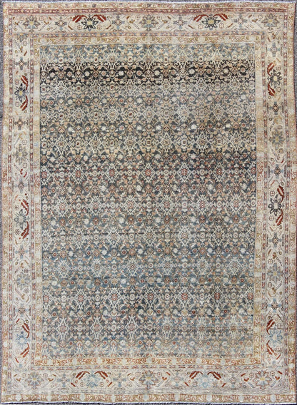 Antique Persian Distressed Malayer Rug with all over Herati Design in Gray, Blue, Ivory, Cream and Red Antique Persian Malayer Rug with all over Herati design in steel Blue, Gray, Teal, light blue, red & Ivory. SUS - 163, Antique distressed rug P... - Keivan Woven ArtsSUS - 163 - 8357Rug