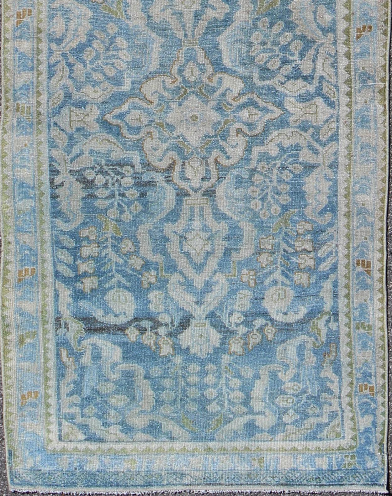 Antique Persian Malayer runner with all - over design in blue and hints of olive. Keivan Woven Arts / rug sus - 1803 - 124, country of origin / type: Iran / Malayer, circa 1910. This antique Persian Malayer runner was handwoven in the early 20th centu... - Keivan Woven ArtsSUS - 1803 - 124 - 9619Rug