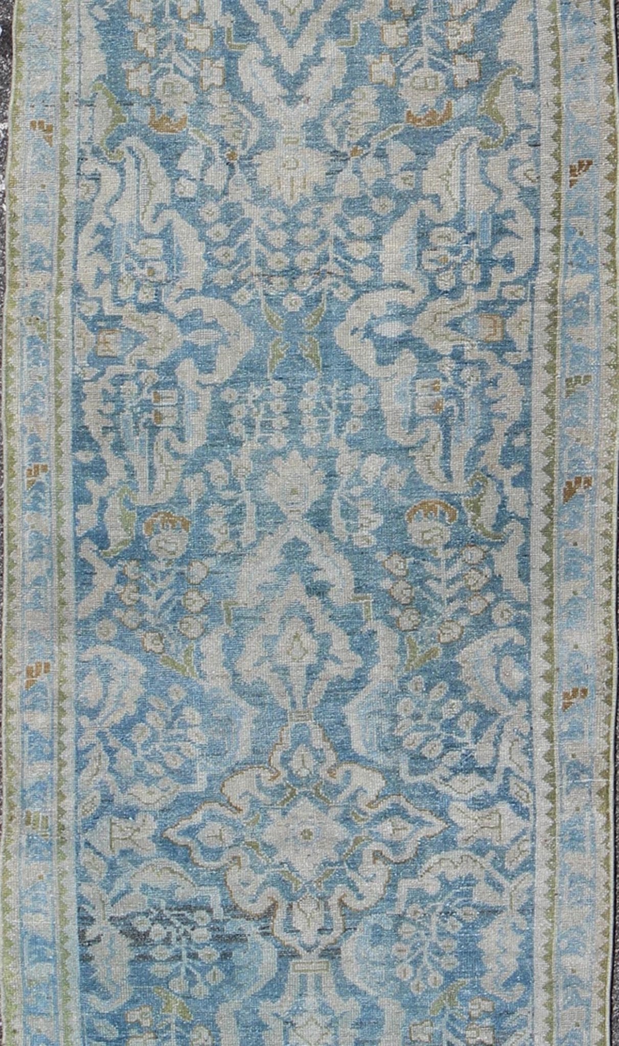 Antique Persian Malayer runner with all - over design in blue and hints of olive. Keivan Woven Arts / rug sus - 1803 - 124, country of origin / type: Iran / Malayer, circa 1910. This antique Persian Malayer runner was handwoven in the early 20th centu... - Keivan Woven ArtsSUS - 1803 - 124 - 9619Rug