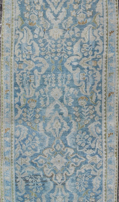Antique Persian Malayer runner with all - over design in blue and hints of olive. Keivan Woven Arts / rug sus - 1803 - 124, country of origin / type: Iran / Malayer, circa 1910. This antique Persian Malayer runner was handwoven in the early 20th centu... - Keivan Woven ArtsSUS - 1803 - 124 - 9619Rug
