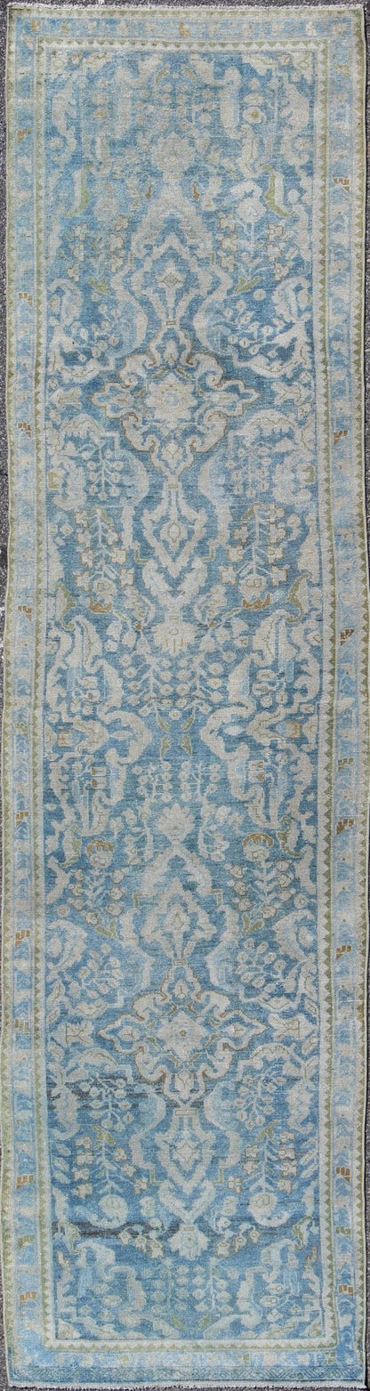 Antique Persian Malayer runner with all - over design in blue and hints of olive. Keivan Woven Arts / rug sus - 1803 - 124, country of origin / type: Iran / Malayer, circa 1910. This antique Persian Malayer runner was handwoven in the early 20th centu... - Keivan Woven ArtsSUS - 1803 - 124 - 9619Rug