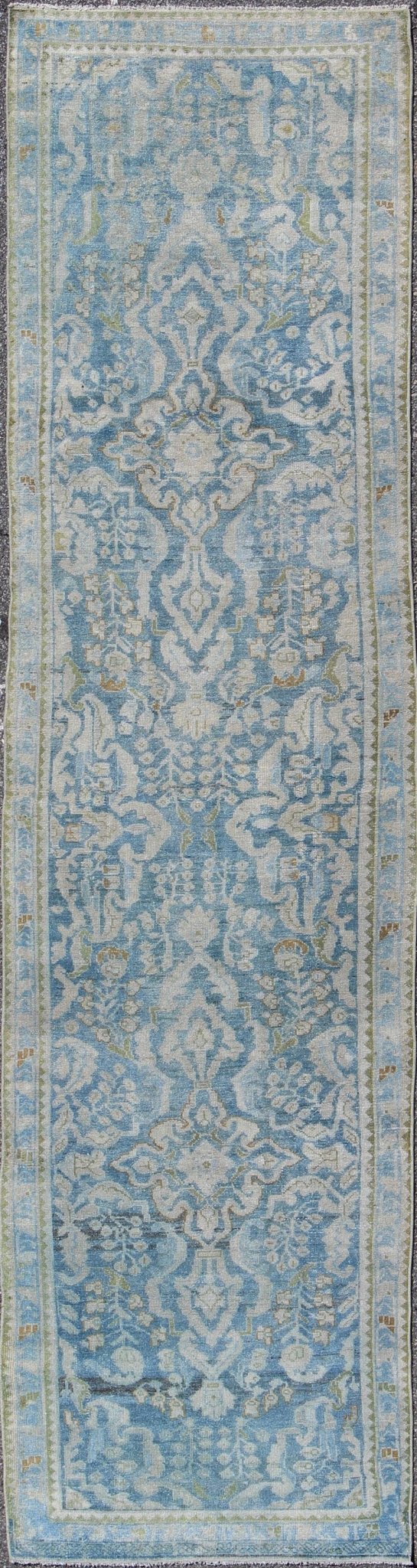 Antique Persian Malayer runner with all - over design in blue and hints of olive. Keivan Woven Arts / rug sus - 1803 - 124, country of origin / type: Iran / Malayer, circa 1910. This antique Persian Malayer runner was handwoven in the early 20th centu... - Keivan Woven ArtsSUS - 1803 - 124 - 9619