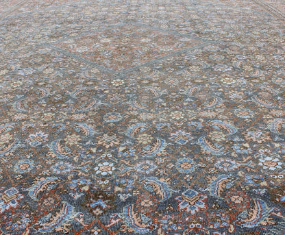 Large Antique Persian Sultanabad Mahal rug with sub Geometric All Over design in variegated Gray Green background and coral border. Keivan Woven Arts / rug SUS - 1803 - 220, country of origin / type: Iran / Sultanabad, circa 1910. Measures: 12'1 x 15'6.... - Keivan Woven ArtsSUS - 1803 - 220 - 9629Rug
