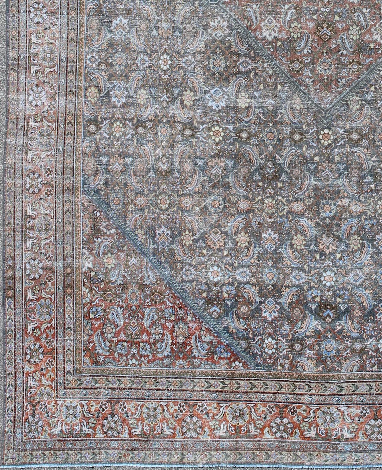 Large Antique Persian Sultanabad Mahal rug with sub Geometric All Over design in variegated Gray Green background and coral border. Keivan Woven Arts / rug SUS - 1803 - 220, country of origin / type: Iran / Sultanabad, circa 1910. Measures: 12'1 x 15'6.... - Keivan Woven ArtsSUS - 1803 - 220 - 9629Rug