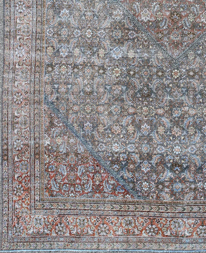 Large Antique Persian Sultanabad Mahal rug with sub Geometric All Over design in variegated Gray Green background and coral border. Keivan Woven Arts / rug SUS - 1803 - 220, country of origin / type: Iran / Sultanabad, circa 1910. Measures: 12'1 x 15'6.... - Keivan Woven ArtsSUS - 1803 - 220 - 9629Rug
