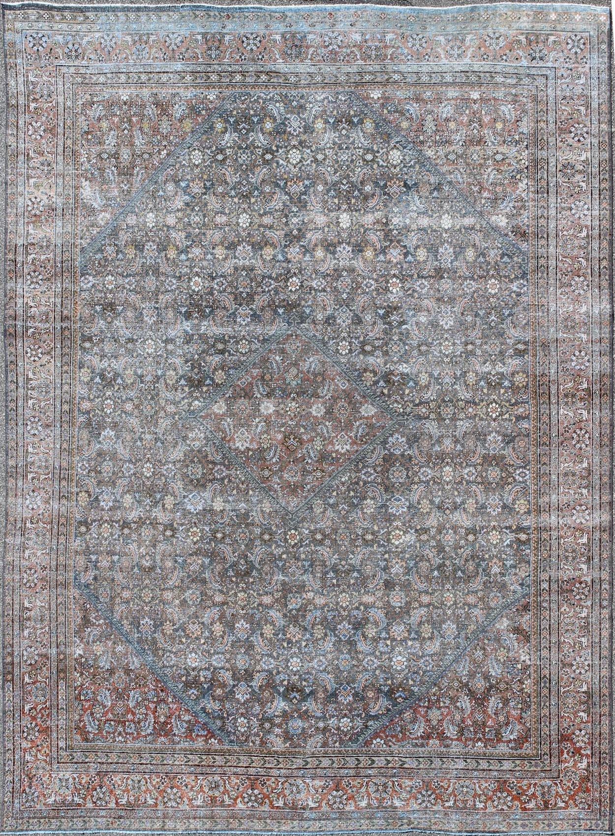 Large Antique Persian Sultanabad Mahal rug with sub Geometric All Over design in variegated Gray Green background and coral border. Keivan Woven Arts / rug SUS - 1803 - 220, country of origin / type: Iran / Sultanabad, circa 1910. Measures: 12'1 x 15'6.... - Keivan Woven ArtsSUS - 1803 - 220 - 9629Rug