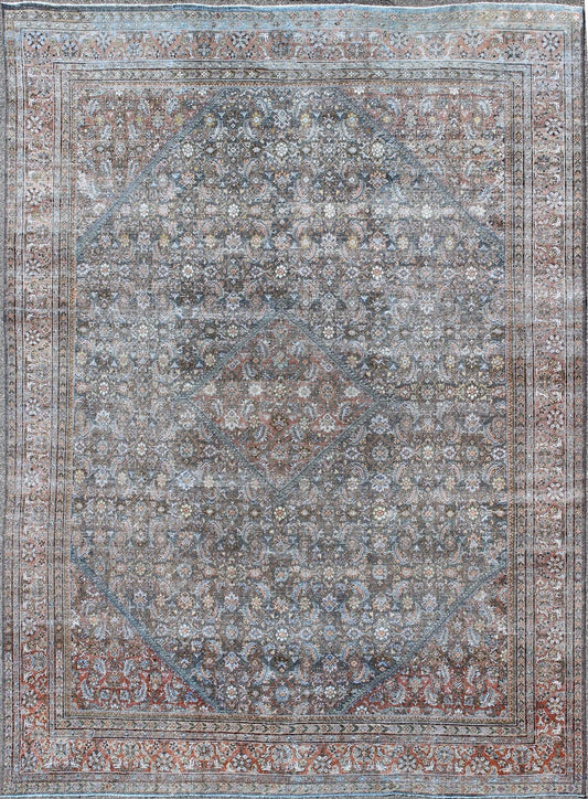 Large Antique Persian Sultanabad Mahal rug with sub Geometric All Over design in variegated Gray Green background and coral border. Keivan Woven Arts / rug SUS - 1803 - 220, country of origin / type: Iran / Sultanabad, circa 1910. Measures: 12'1 x 15'6.... - Keivan Woven ArtsSUS - 1803 - 220 - 9629Rug