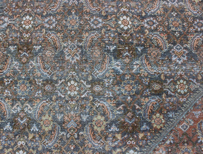 Large Antique Persian Sultanabad Mahal rug with sub Geometric All Over design in variegated Gray Green background and coral border. Keivan Woven Arts / rug SUS - 1803 - 220, country of origin / type: Iran / Sultanabad, circa 1910. Measures: 12'1 x 15'6.... - Keivan Woven ArtsSUS - 1803 - 220 - 9629Rug