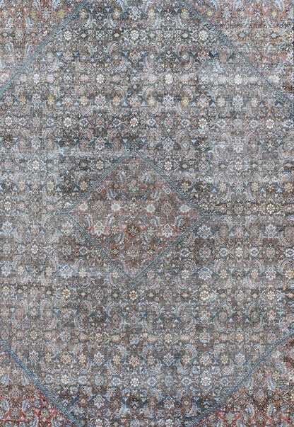 Large Antique Persian Sultanabad Mahal rug with sub Geometric All Over design in variegated Gray Green background and coral border. Keivan Woven Arts / rug SUS - 1803 - 220, country of origin / type: Iran / Sultanabad, circa 1910. Measures: 12'1 x 15'6.... - Keivan Woven ArtsSUS - 1803 - 220 - 9629Rug