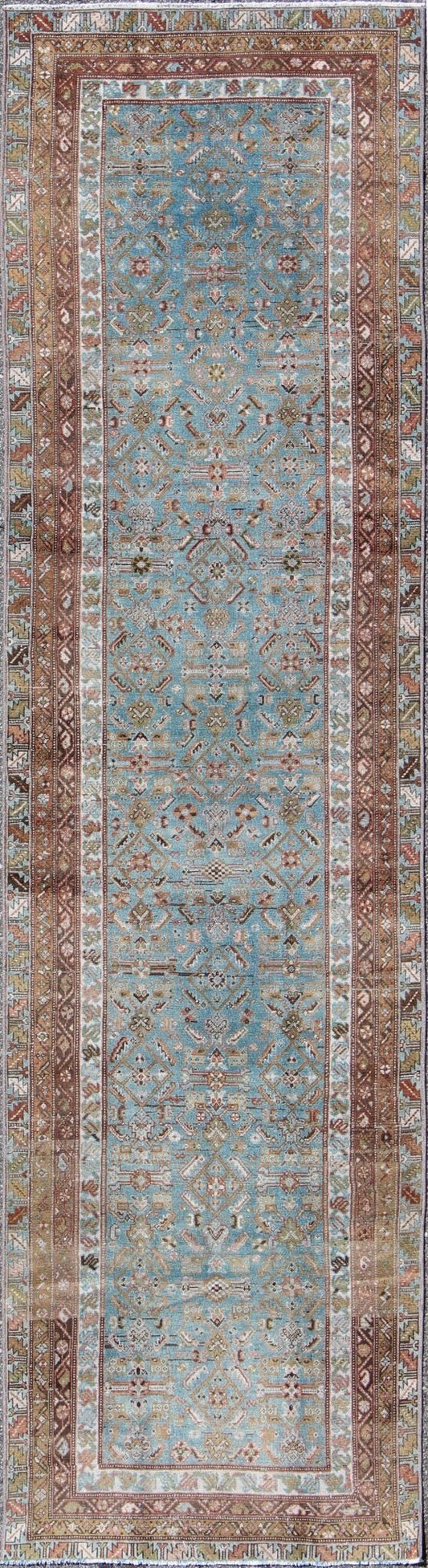 Antique Persian Malayer rug with floral design in blue and brown tones, rug sus - 1803 - 332, country of origin / type: Iran / Malayer, circa 1910 This Persian Malayer runner from early 20th century Iran features an all - over geometric floral pattern... - Keivan Woven ArtsSUS - 1803 - 332 - 9635