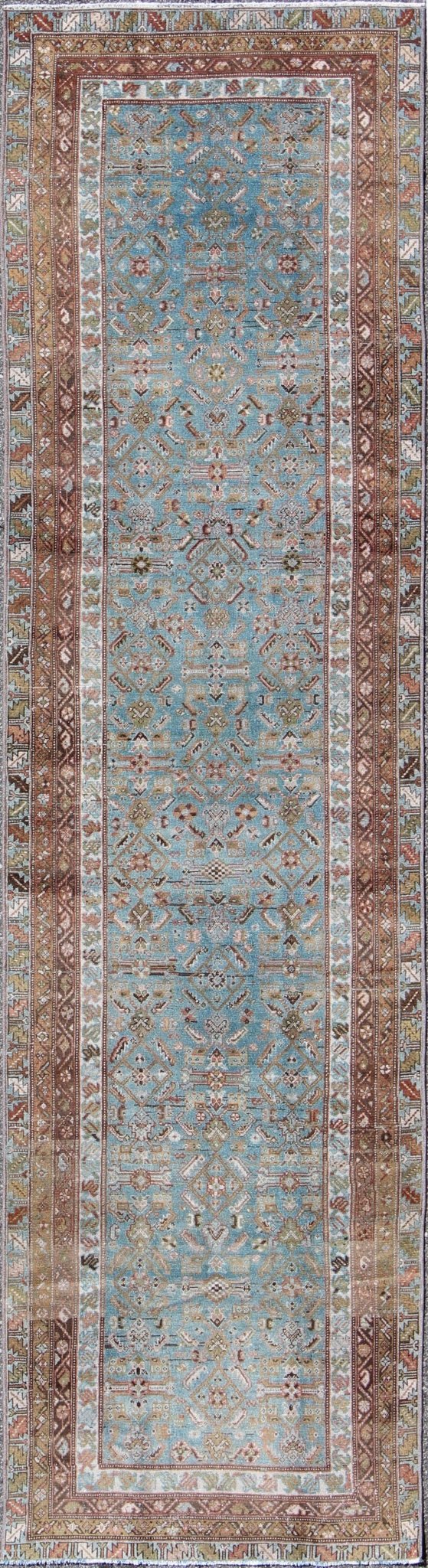 Antique Persian Malayer rug with floral design in blue and brown tones, rug sus - 1803 - 332, country of origin / type: Iran / Malayer, circa 1910 This Persian Malayer runner from early 20th century Iran features an all - over geometric floral pattern... - Keivan Woven ArtsSUS - 1803 - 332 - 9635Rug