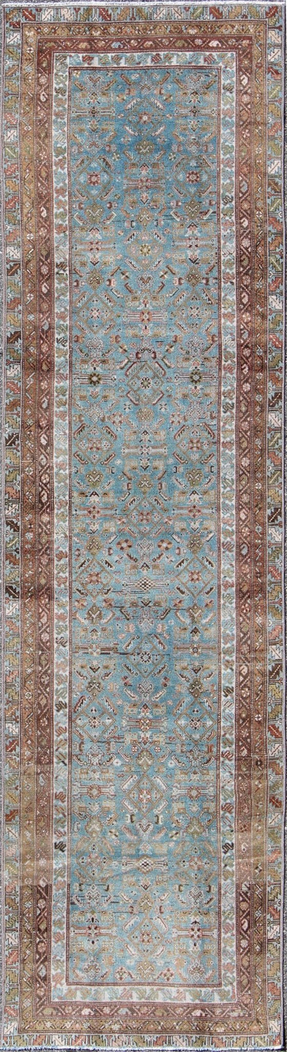 Antique Persian Malayer rug with floral design in blue and brown tones, rug sus - 1803 - 332, country of origin / type: Iran / Malayer, circa 1910 This Persian Malayer runner from early 20th century Iran features an all - over geometric floral pattern... - Keivan Woven ArtsSUS - 1803 - 332 - 9635Rug