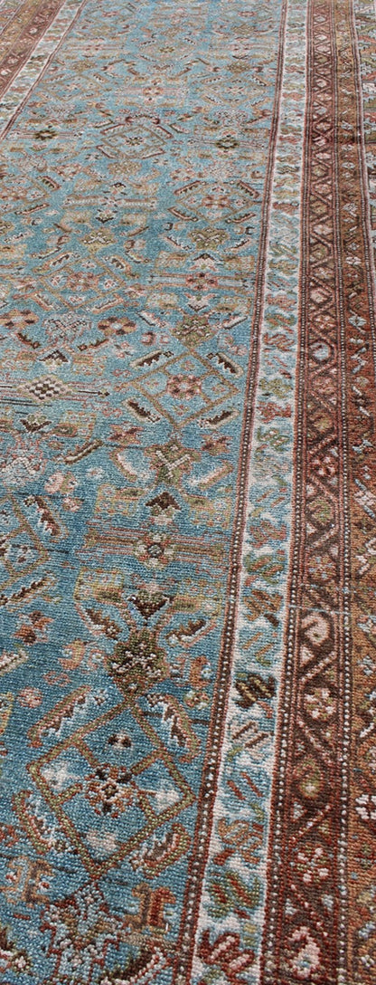Antique Persian Malayer rug with floral design in blue and brown tones, rug sus - 1803 - 332, country of origin / type: Iran / Malayer, circa 1910 This Persian Malayer runner from early 20th century Iran features an all - over geometric floral pattern... - Keivan Woven ArtsSUS - 1803 - 332 - 9635Rug