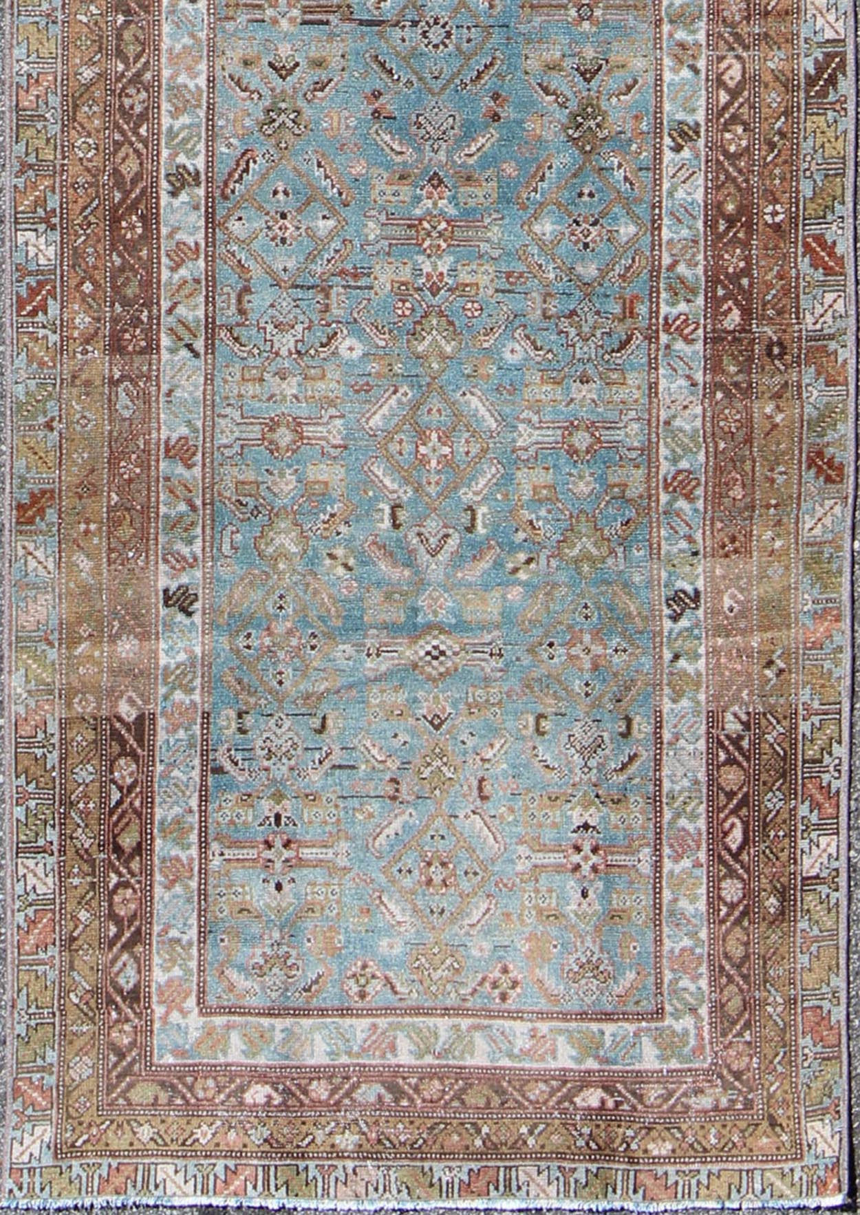 Antique Persian Malayer rug with floral design in blue and brown tones, rug sus - 1803 - 332, country of origin / type: Iran / Malayer, circa 1910 This Persian Malayer runner from early 20th century Iran features an all - over geometric floral pattern... - Keivan Woven ArtsSUS - 1803 - 332 - 9635Rug