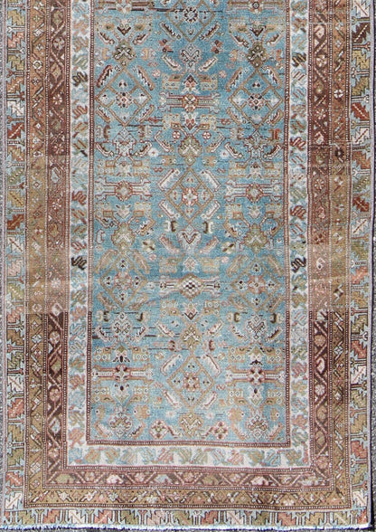 Antique Persian Malayer rug with floral design in blue and brown tones, rug sus - 1803 - 332, country of origin / type: Iran / Malayer, circa 1910 This Persian Malayer runner from early 20th century Iran features an all - over geometric floral pattern... - Keivan Woven ArtsSUS - 1803 - 332 - 9635Rug