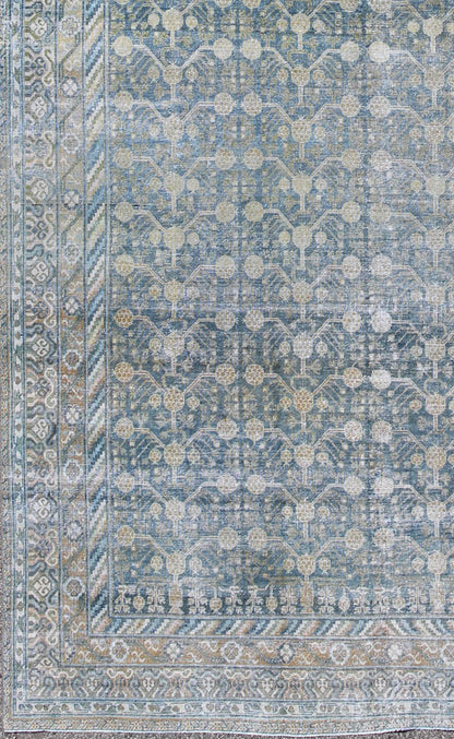 Antique Khotan rug with blue all - over design of blossoms and flowers, large Khotan from Turkestan rug sus - 1803 - 387, country of origin / type: Turkestan / Khotan, circa 1910 This attractive antique Khotan rug (circa 1910) is a spectacular testame... - Keivan Woven ArtsSUS - 1803 - 387 - 9639Rug