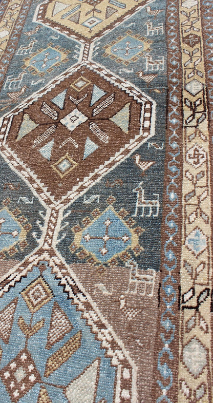 Persian Heriz antique Gallery rug with sub - geometric Medallion Design in colorful tones including blue, nude, and brown, rug sus - 1807 - 215, country of origin / type: Iran / Heriz, circa 1920 This antique Persian Heriz runner, from northwest Iran,... - Keivan Woven ArtsSUS - 1807 - 215 - 10120Rug