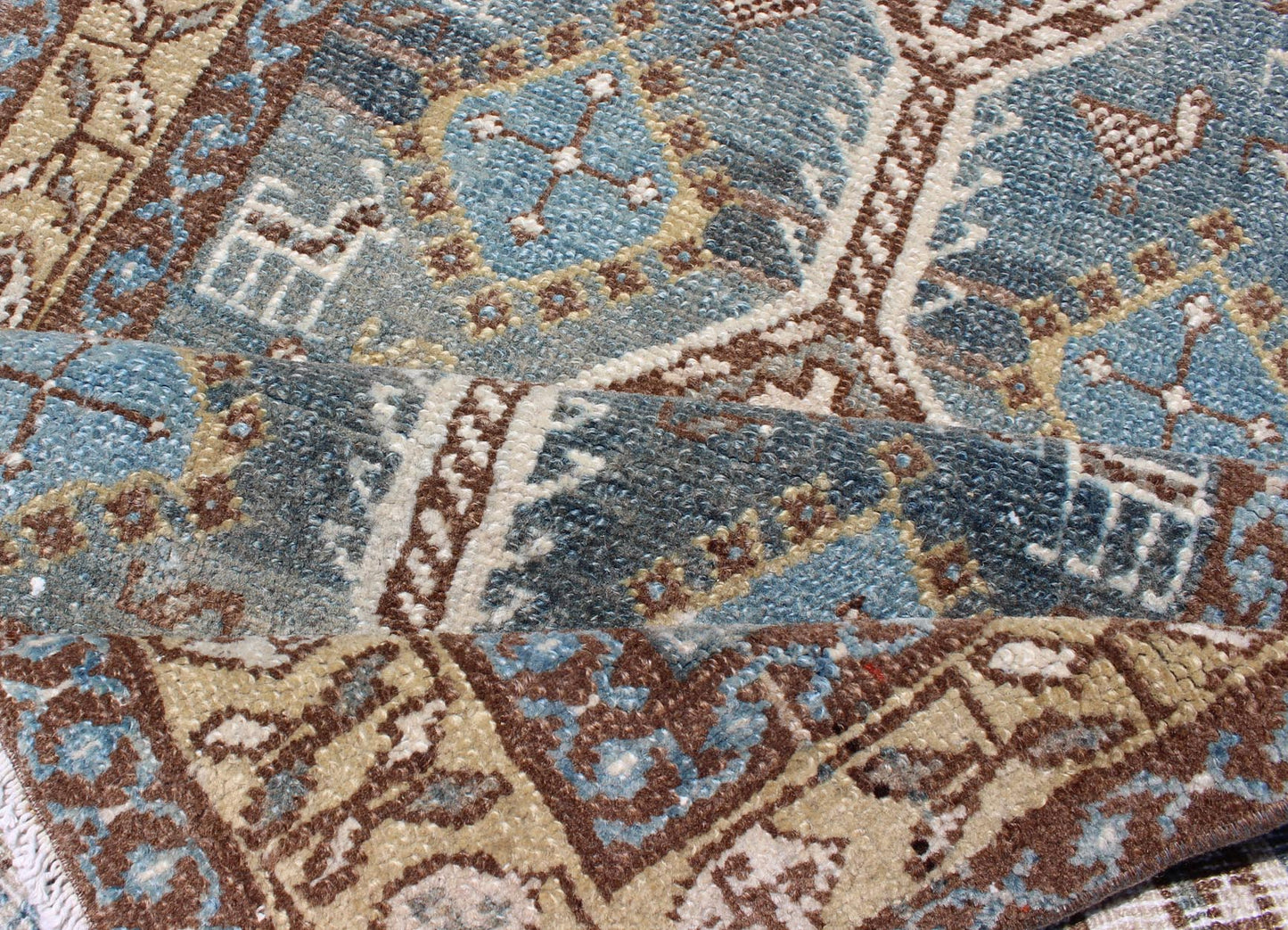 Persian Heriz antique Gallery rug with sub - geometric Medallion Design in colorful tones including blue, nude, and brown, rug sus - 1807 - 215, country of origin / type: Iran / Heriz, circa 1920 This antique Persian Heriz runner, from northwest Iran,... - Keivan Woven ArtsSUS - 1807 - 215 - 10120Rug