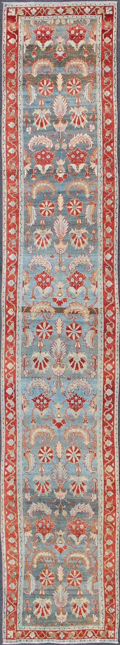 Hamedan Persian antique runner with blue and red geometric motifs, rug sus - 1807 - 227, country of origin / type: Iran / Hamedan, circa 1920 This antique Persian Hamedan gallery rug (circa early 20th century) features a unique blend of colors and a... - Keivan Woven ArtsSUS - 1807 - 227 - 10124