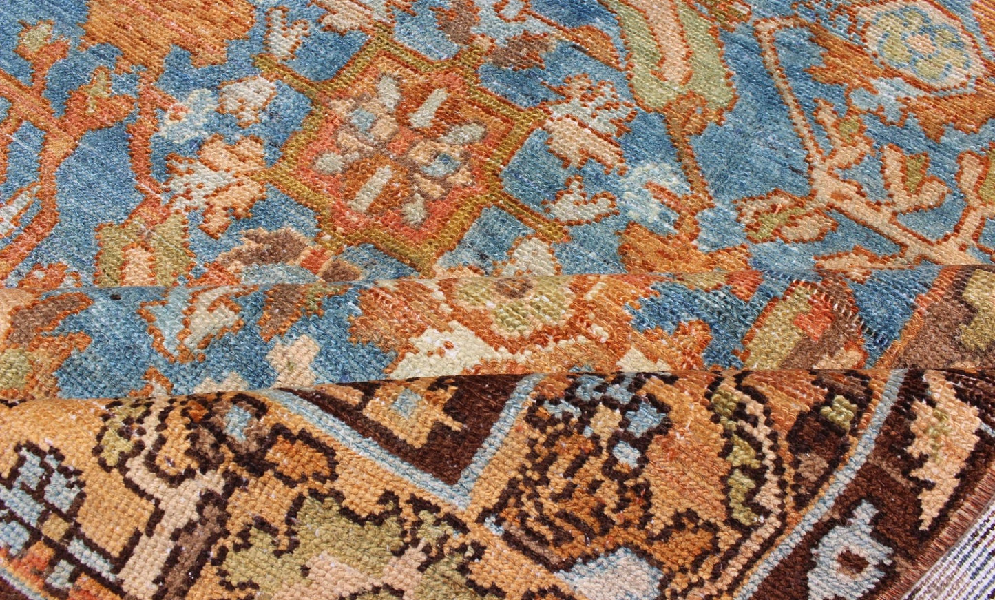 Botanical design Persian Malayer antique rug in blue, rust, and orange tones, rug sus - 1807 - 238, country of origin / type: Iran / Malayer, circa 1920. This beautiful antique early 20th century Persian Malayer carpet features a beautiful all - over ... - Keivan Woven ArtsSUS - 1807 - 238 - 10128