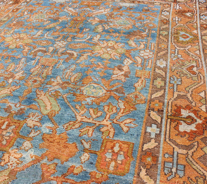 Botanical design Persian Malayer antique rug in blue, rust, and orange tones, rug sus - 1807 - 238, country of origin / type: Iran / Malayer, circa 1920. This beautiful antique early 20th century Persian Malayer carpet features a beautiful all - over ... - Keivan Woven ArtsSUS - 1807 - 238 - 10128