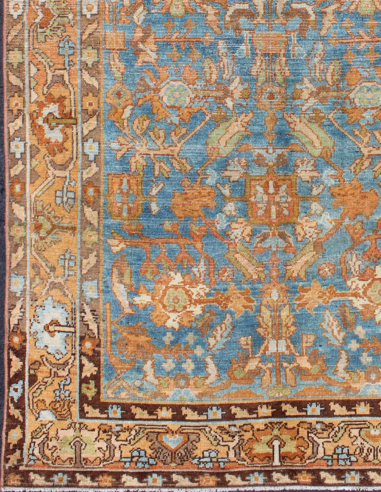 Botanical design Persian Malayer antique rug in blue, rust, and orange tones, rug sus - 1807 - 238, country of origin / type: Iran / Malayer, circa 1920. This beautiful antique early 20th century Persian Malayer carpet features a beautiful all - over ... - Keivan Woven ArtsSUS - 1807 - 238 - 10128