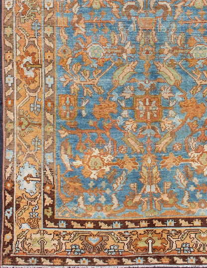 Botanical design Persian Malayer antique rug in blue, rust, and orange tones, rug sus - 1807 - 238, country of origin / type: Iran / Malayer, circa 1920. This beautiful antique early 20th century Persian Malayer carpet features a beautiful all - over ... - Keivan Woven ArtsSUS - 1807 - 238 - 10128
