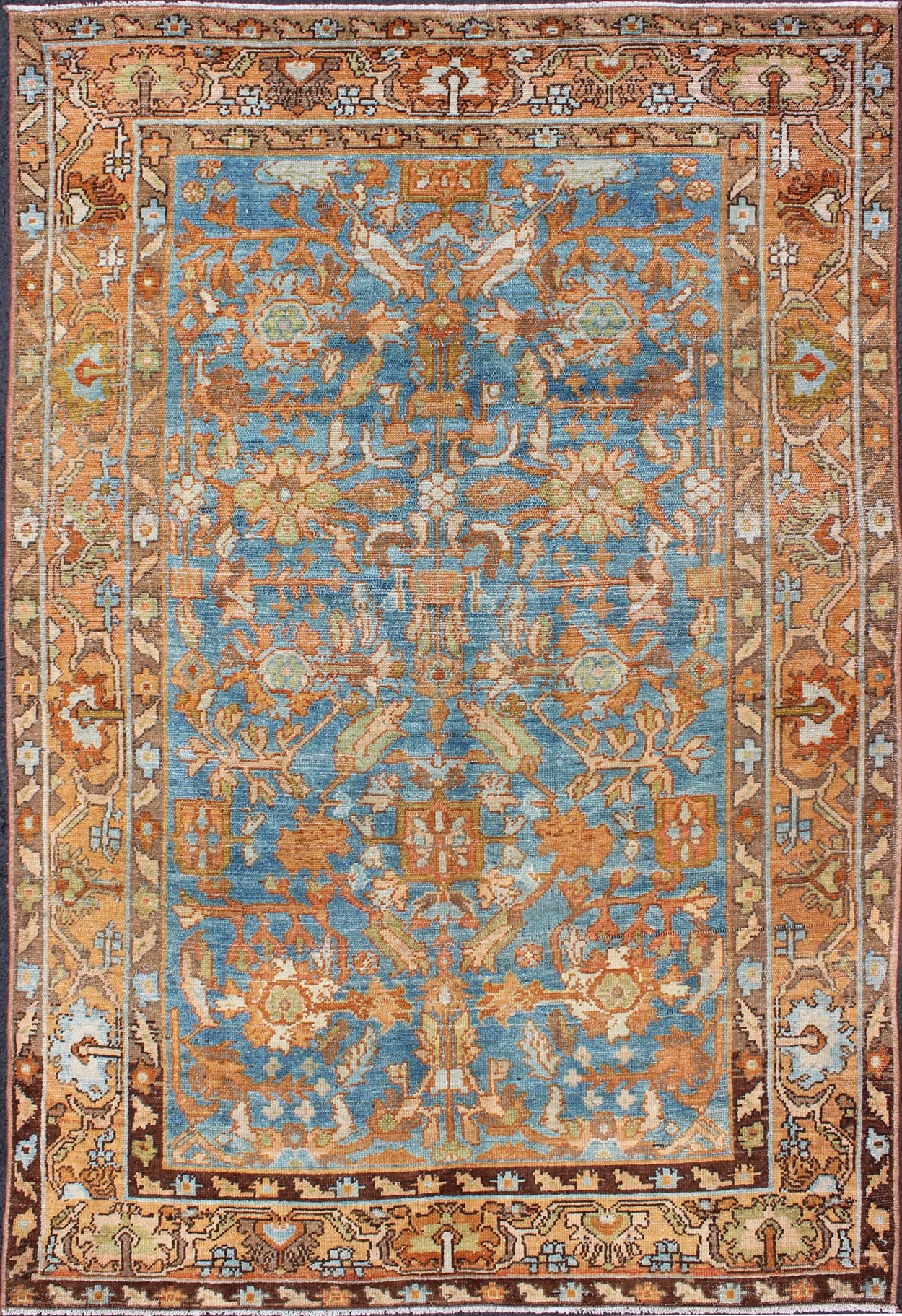 Botanical design Persian Malayer antique rug in blue, rust, and orange tones, rug sus - 1807 - 238, country of origin / type: Iran / Malayer, circa 1920. This beautiful antique early 20th century Persian Malayer carpet features a beautiful all - over ... - Keivan Woven ArtsSUS - 1807 - 238 - 10128