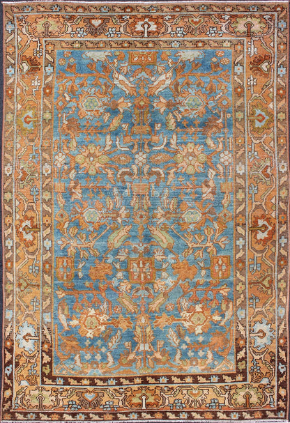 Botanical design Persian Malayer antique rug in blue, rust, and orange tones, rug sus - 1807 - 238, country of origin / type: Iran / Malayer, circa 1920. This beautiful antique early 20th century Persian Malayer carpet features a beautiful all - over ... - Keivan Woven ArtsSUS - 1807 - 238 - 10128