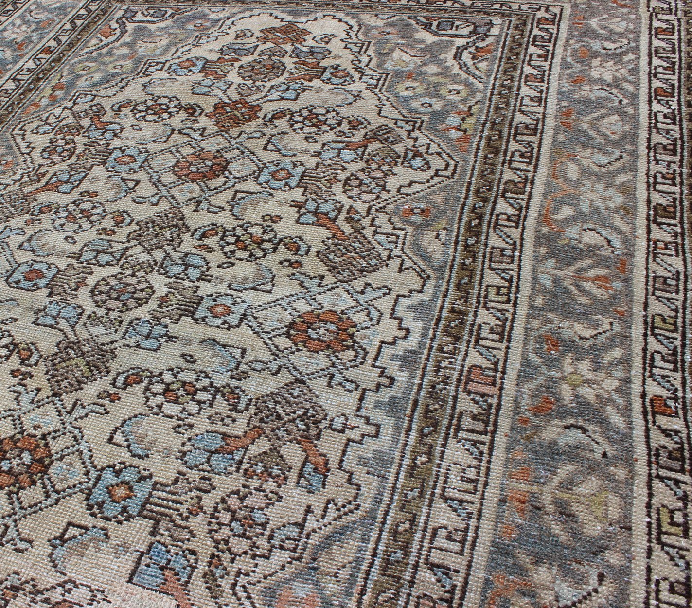 Gray/green, Taupe, Lt. Blue & Rust, brown Antique Persian distressed Malayer. Neutral tones antique distressed Malayer rug from Persia with floral design, rug sus - 1807 - 240, country of origin / type: Iran / Malayer, circa 1920. Neutral t... - Keivan Woven ArtsSUS - 1807 - 240 - 10209