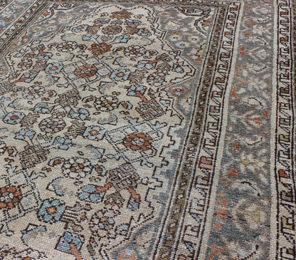 Gray/green, Taupe, Lt. Blue & Rust, brown Antique Persian distressed Malayer. Neutral tones antique distressed Malayer rug from Persia with floral design, rug sus - 1807 - 240, country of origin / type: Iran / Malayer, circa 1920. Neutral t... - Keivan Woven ArtsSUS - 1807 - 240 - 10209