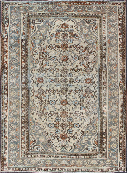 Gray/green, Taupe, Lt. Blue & Rust, brown Antique Persian distressed Malayer. Neutral tones antique distressed Malayer rug from Persia with floral design, rug sus - 1807 - 240, country of origin / type: Iran / Malayer, circa 1920. Neutral t... - Keivan Woven ArtsSUS - 1807 - 240 - 10209Rug