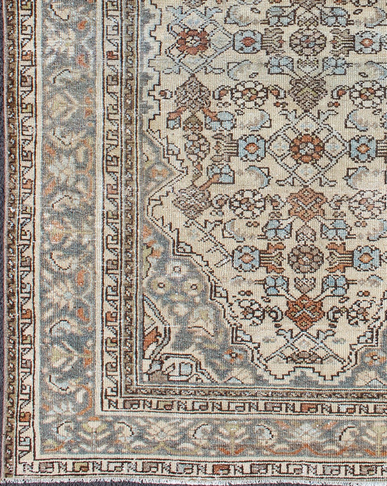 Gray/green, Taupe, Lt. Blue & Rust, brown Antique Persian distressed Malayer. Neutral tones antique distressed Malayer rug from Persia with floral design, rug sus - 1807 - 240, country of origin / type: Iran / Malayer, circa 1920. Neutral t... - Keivan Woven ArtsSUS - 1807 - 240 - 10209