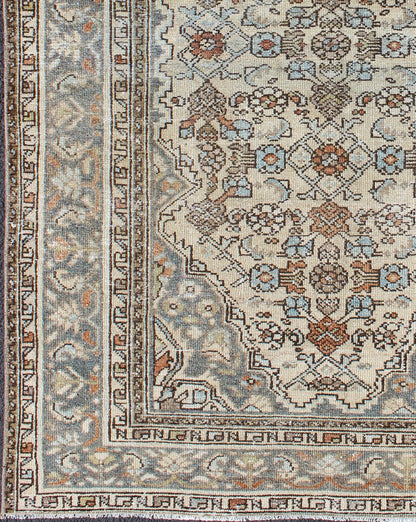 Gray/green, Taupe, Lt. Blue & Rust, brown Antique Persian distressed Malayer. Neutral tones antique distressed Malayer rug from Persia with floral design, rug sus - 1807 - 240, country of origin / type: Iran / Malayer, circa 1920. Neutral t... - Keivan Woven ArtsSUS - 1807 - 240 - 10209